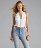 With its midriff cut and trend-forward fit, the The New Classic Halter Lace-Up Denim Corset Top is a white crop top made to pair with skirts, denim, or whatever vibe you're feeling this season.