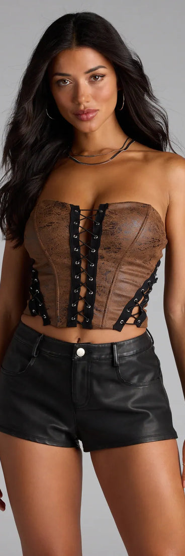 Complete your look with the Edgy Persona Lace-Up Corset Top, a trendy brown top that’s ready to pair with anything in your fall rotation.