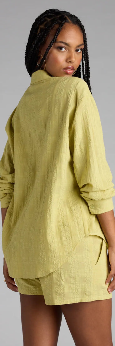 Look instantly put-together in the Summer Mode Button-Down Cotton Top, part of a matching chartreuse clothing set designed for chic, no-fuss fall outfits.