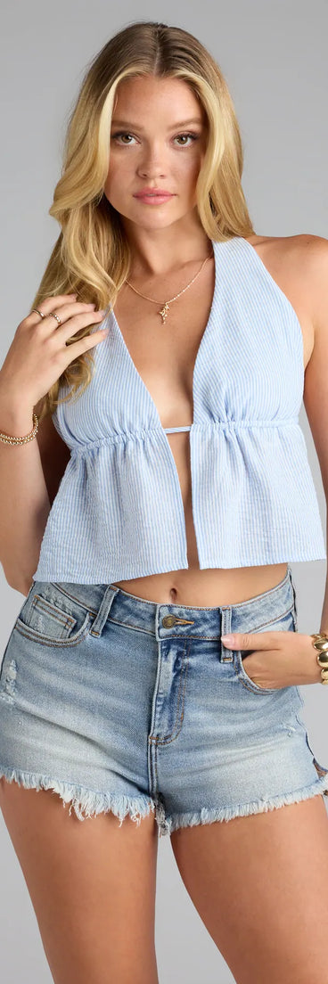 Trendy women’s tops, like the Flirty And Flowy Striped Woven Halter Top, bring effortless style for fall layering, lounging, or going out.