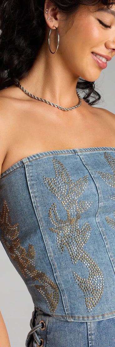 Trendy women’s tops, like the Too Hot To Handle Beaded Denim Corset Top, bring effortless style for fall layering, lounging, or going out.