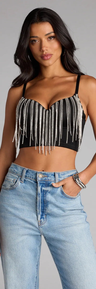 Trendy women’s tops, like the Drop the Sparkle Rhinestone Bustier, bring effortless style for fall layering, lounging, or going out.