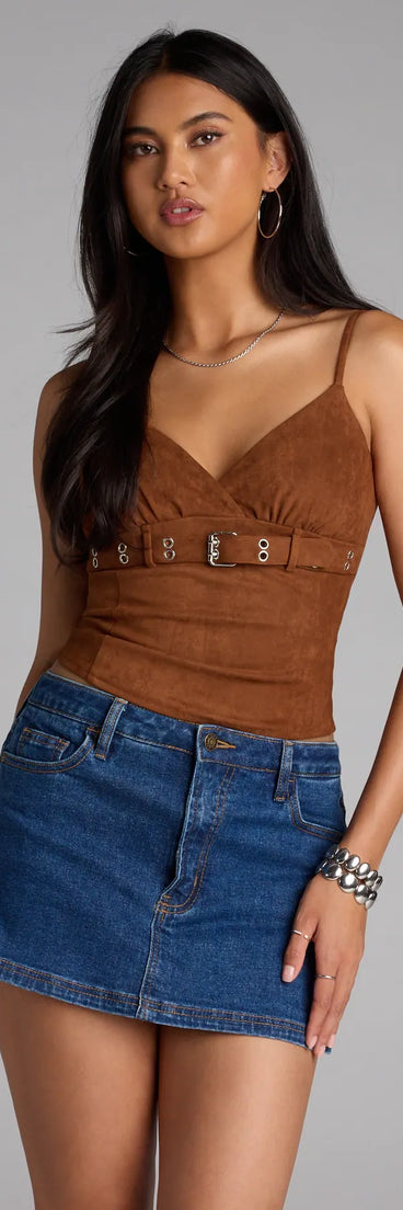 Trendy women’s tops, like the Serving Sass Faux Suede Crop Top, bring effortless style for fall layering, lounging, or going out.