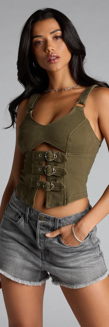 Trendy women’s tops, like the Strap In Babe Buckle Crop Top, bring effortless style for fall layering, lounging, or going out.