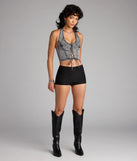 For college campus looks, game day outfits, or a bold going-out vibe, the Laced Up And Unbothered Halter Denim Crop Top is an on-trend black crop top that easily styles with your favorite denim.