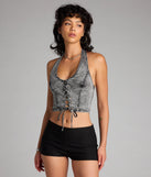 For college campus looks, game day outfits, or a bold going-out vibe, the Laced Up And Unbothered Halter Denim Crop Top is an on-trend black crop top that easily styles with your favorite denim.