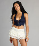 Serving Attitude Denim Halter Lace Up Crop Top