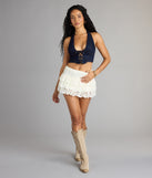 Serving Attitude Denim Halter Lace Up Crop Top