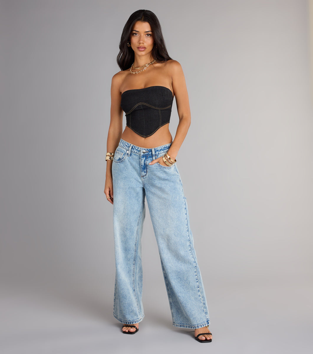 Trendy Girl Denim Strapless Corset Crop Top & Windsor