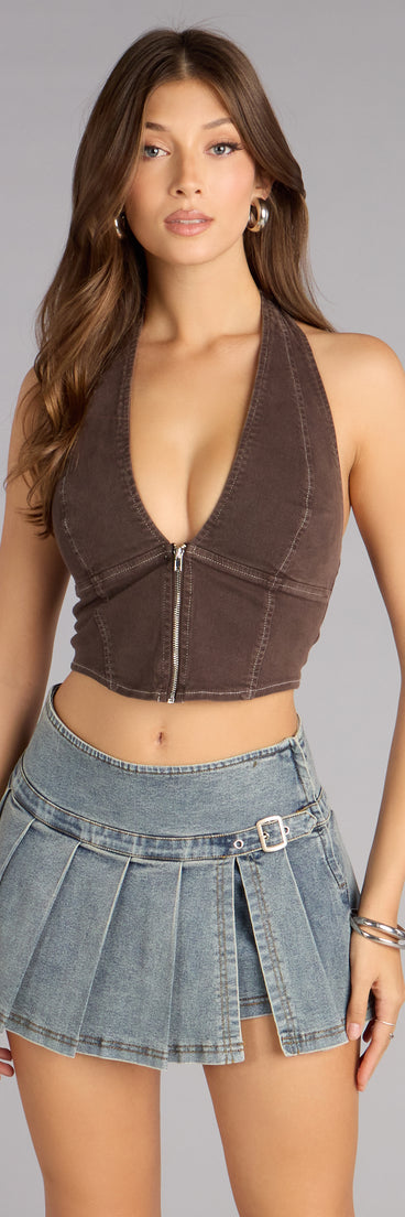 Casual Allure Denim Halter Zip-Front Crop Top