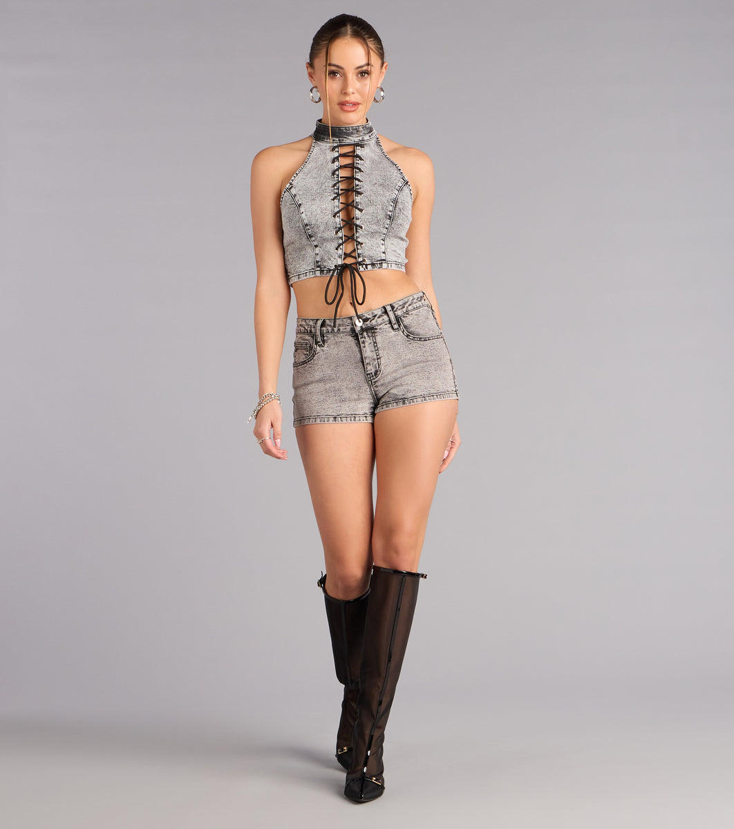 Confidence On Cue Lace-Up Denim Crop Top & Windsor