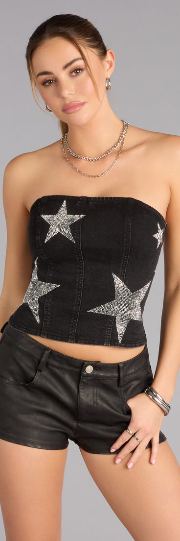 Nightfall Star Rhinestone Lace-Up Denim Top
