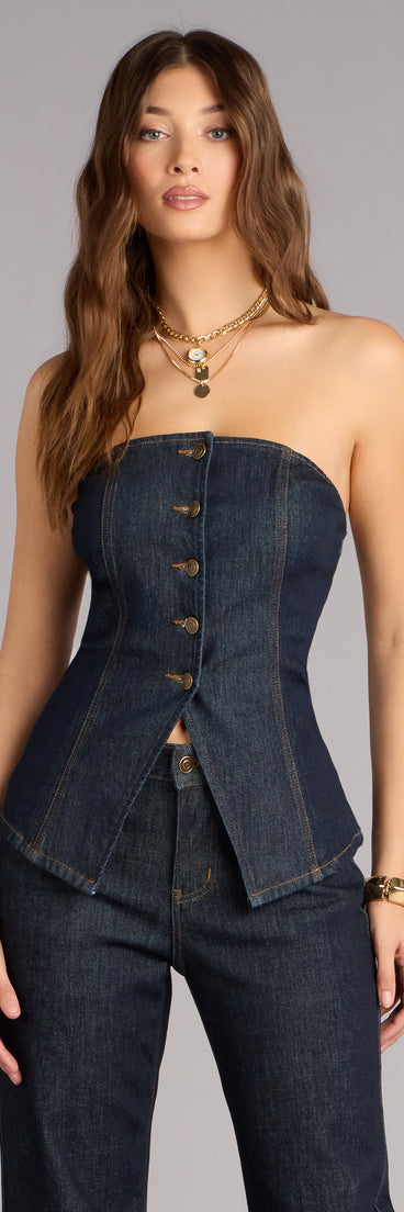 Keep your look polished with the Effortlessly Dialed In Denim Strapless Top in dark-denim, part of our latest drop of matching sets made to style together or solo.