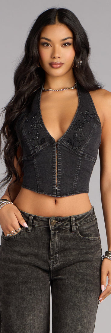 Dark Rose Drama Denim Halter Top