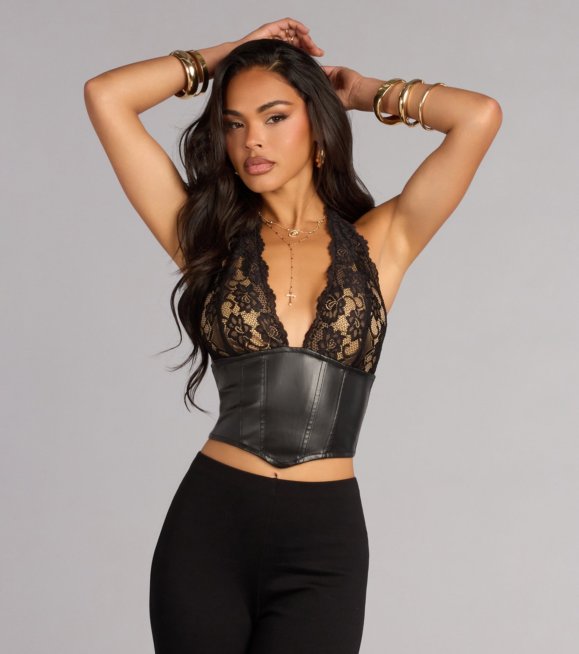 Midnight Mood Lace And Faux Leather Corset Top | Windsor