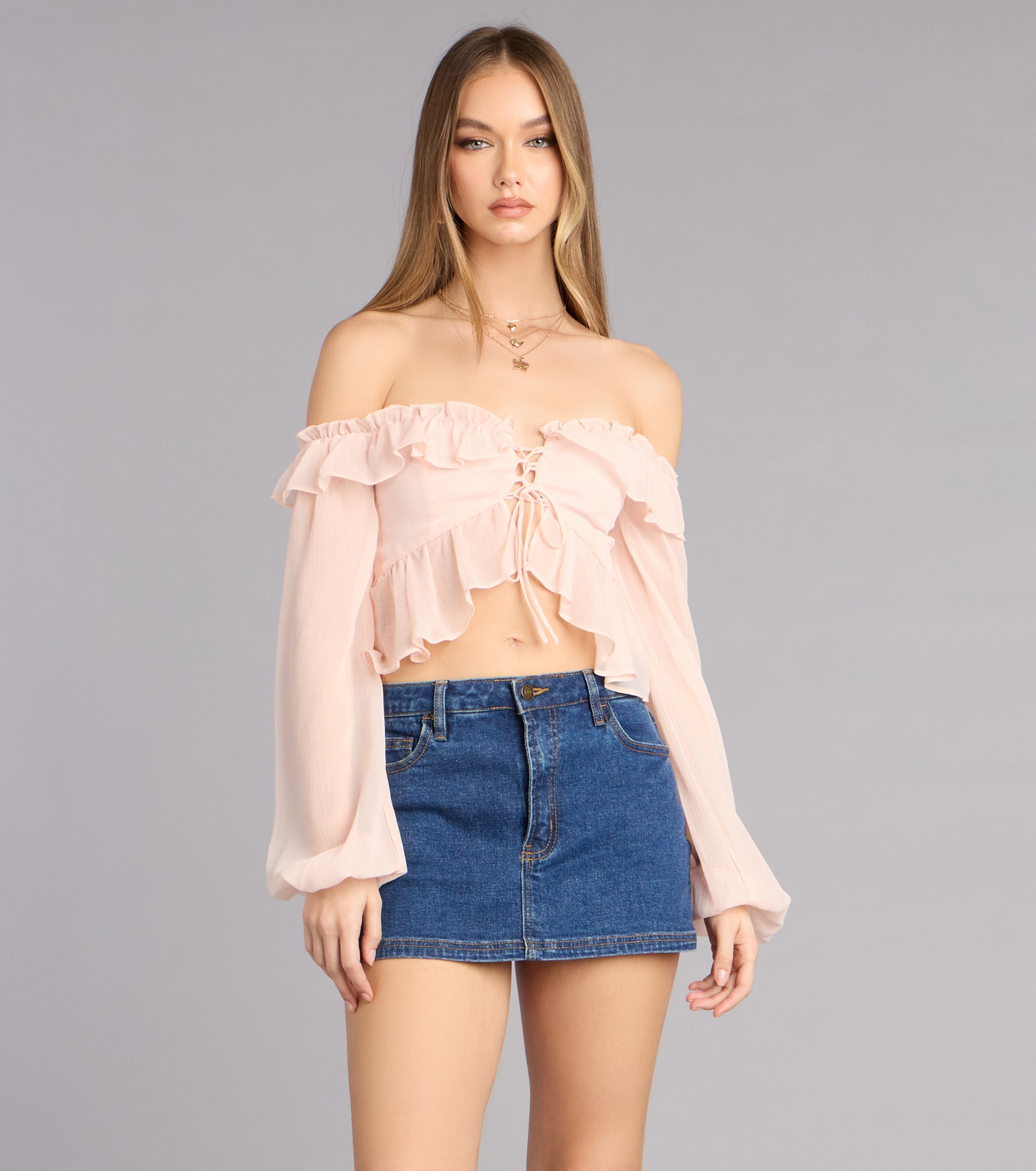 Soft Romance Ruffle Off-The-Shoulder Crop Top | Windsor
