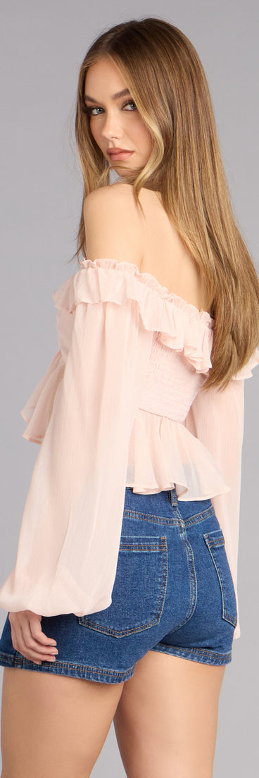Create a stylish look with a crop top like the Soft Romance Ruffle Off-The-Shoulder Crop Top in natural, designed with a modern silhouette, sleek fit, and versatile design easy to pair with jeans, skorts, or skirts.