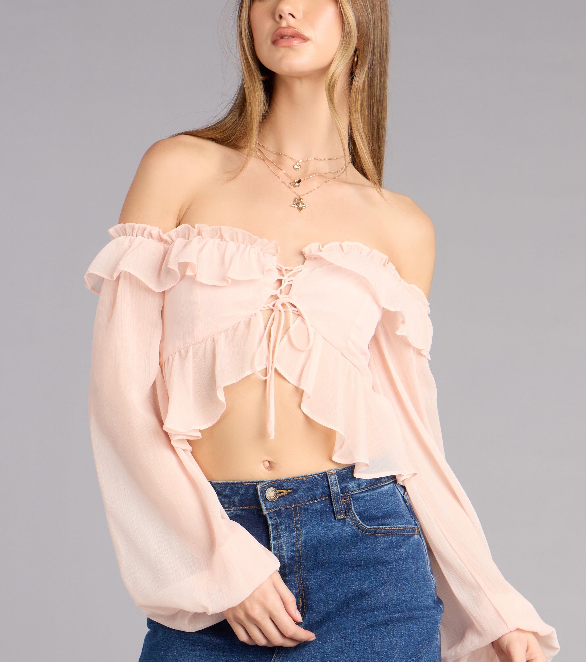Soft Romance Ruffle Off-The-Shoulder Crop Top | Windsor