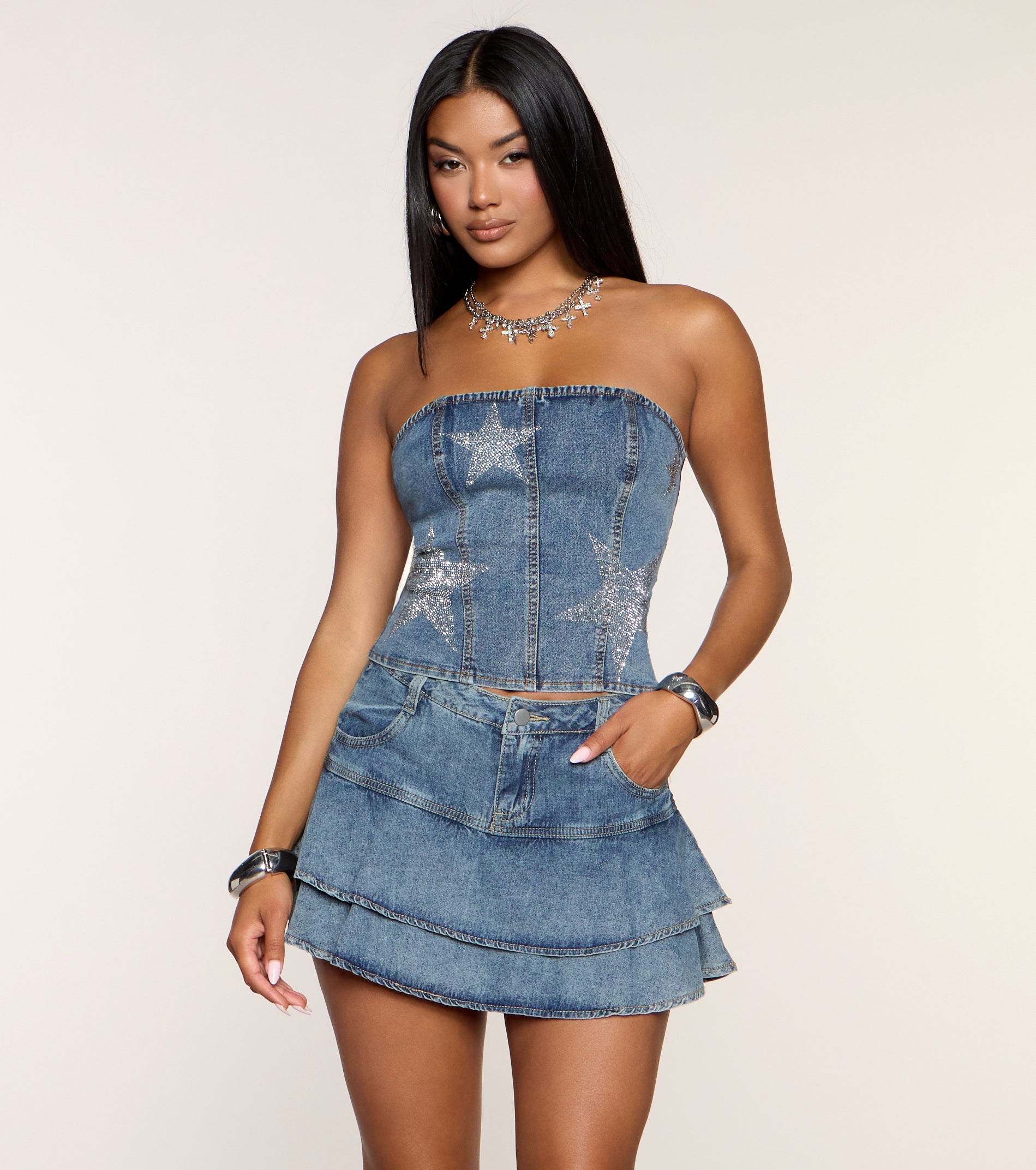 Nightfall Star Rhinestone Lace-Up Denim Top | Windsor