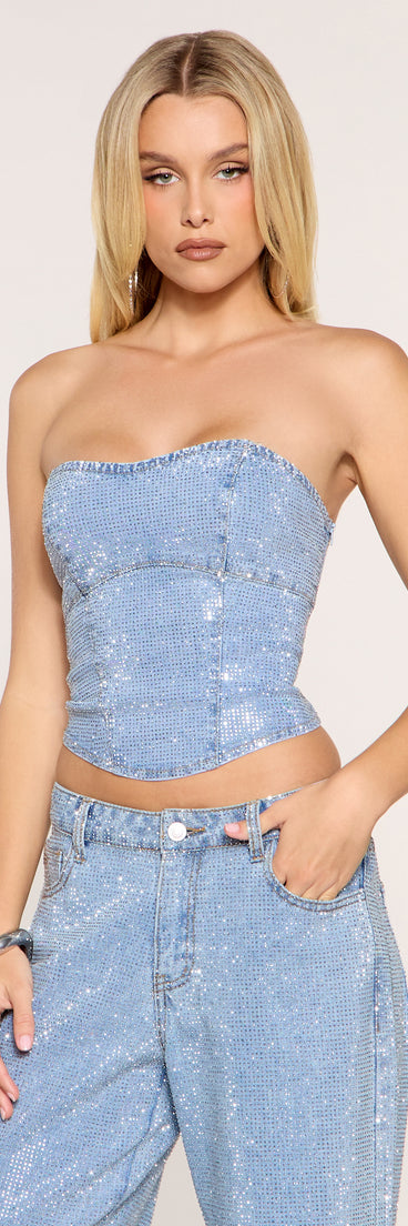 Glitz Lace-Up Rhinestone Denim Tube Top