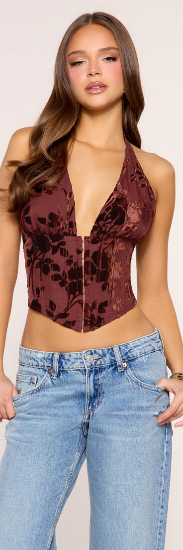 Petal Play Floral Burnout Halter Corset Top