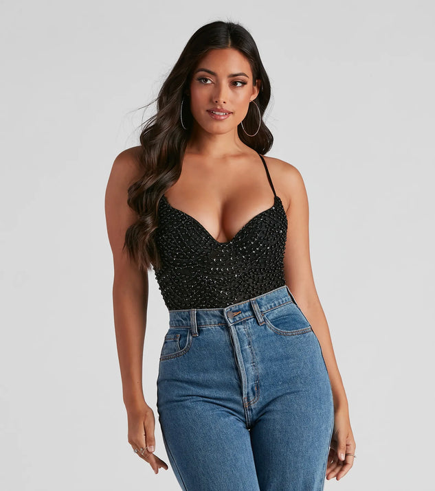 The Twisted Angel Embroidered Bodysuit in black with a modern design and trendy look is part of the latest women's tops collection to elevate your 2025 wardrobe.