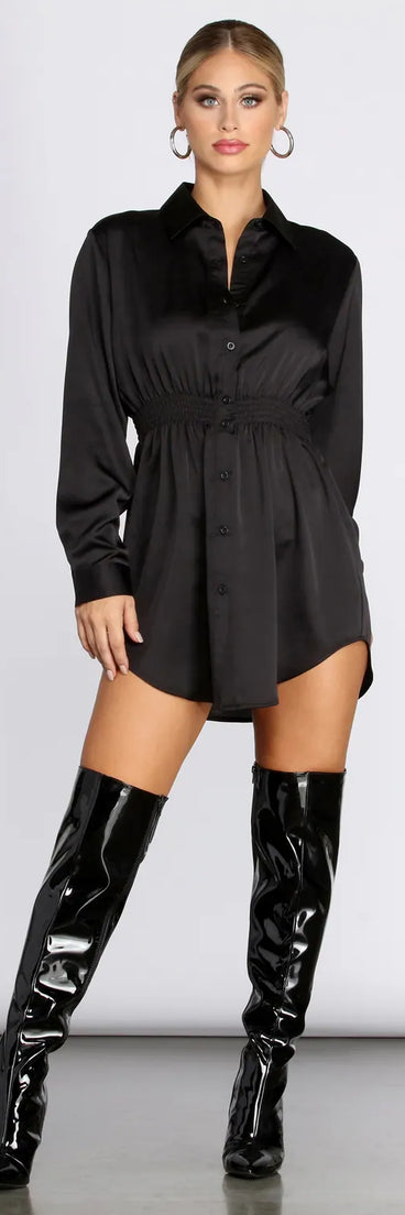 Sight In Satin Smocked Shirt Dress