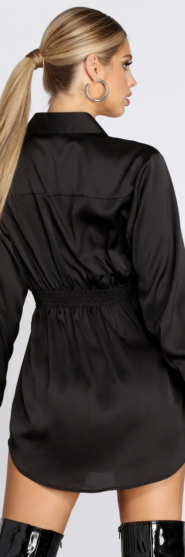 Sight In Satin Smocked Shirt Dress