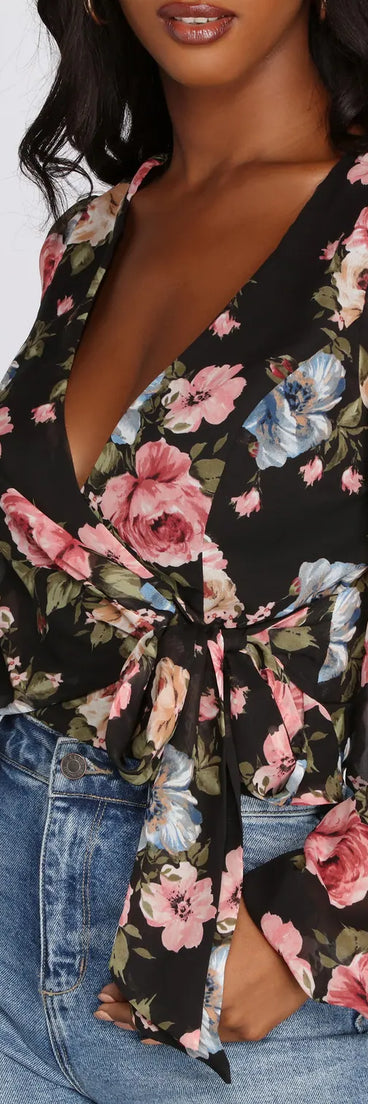 Floral Chiffon Wrap Front Blouse