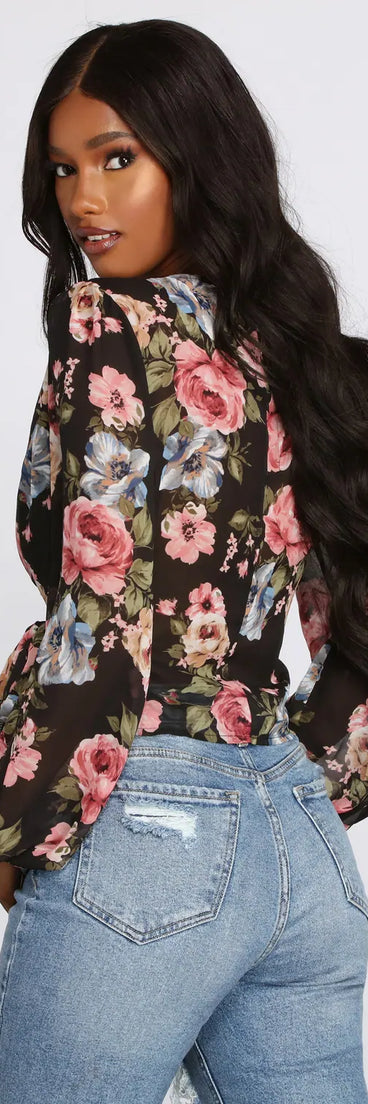 Floral Chiffon Wrap Front Blouse
