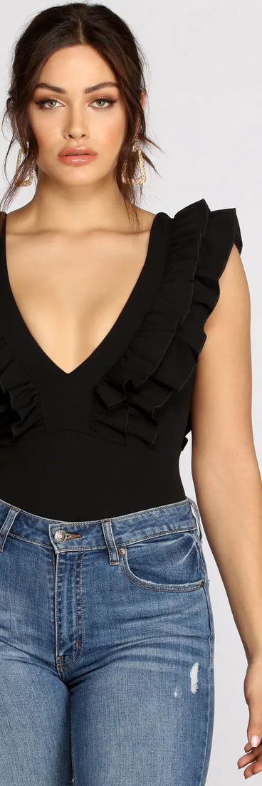 Ruffle It Up Deep V Neck Bodysuit