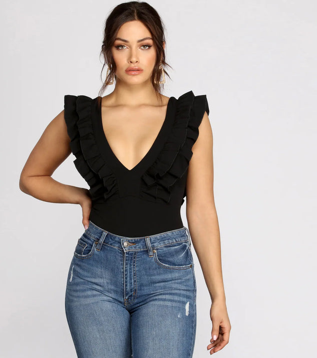 Ruffle It Up Deep V Neck Bodysuit