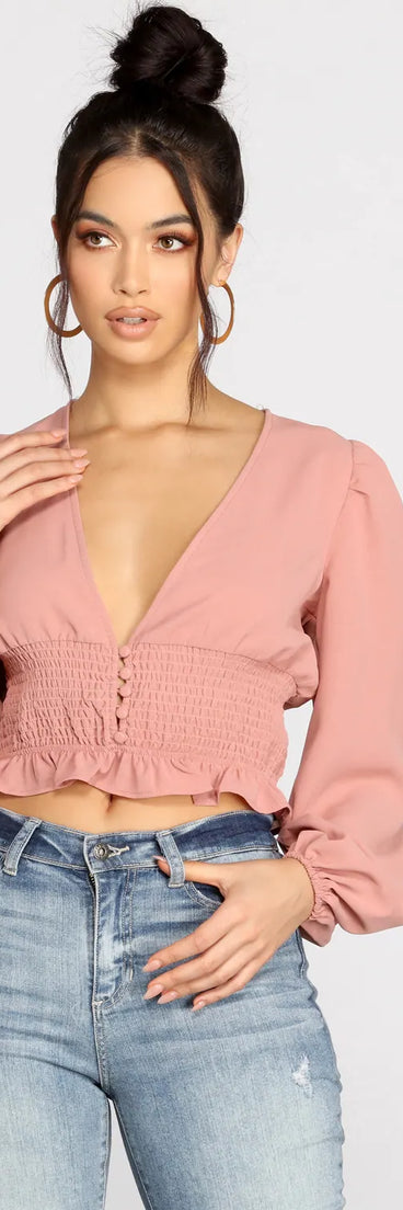 Stylishly Smocked Button Down Blouse