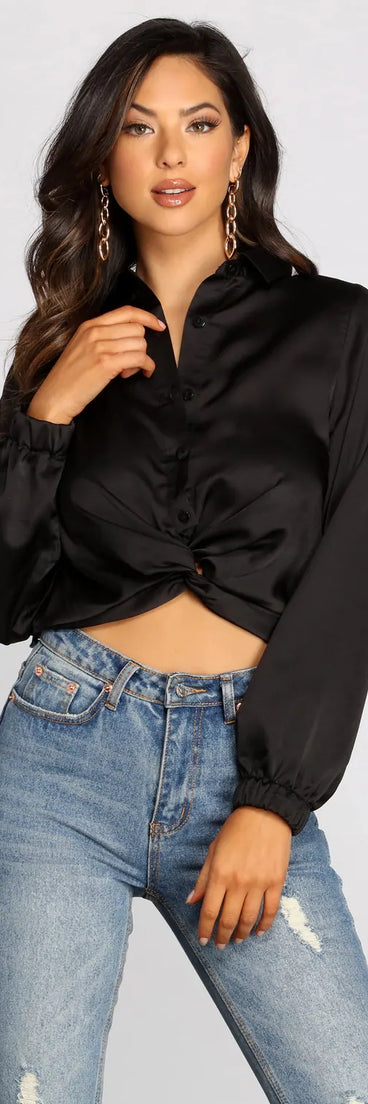Satin Twist Front Collared Crop Top