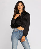Satin Twist Front Collared Crop Top