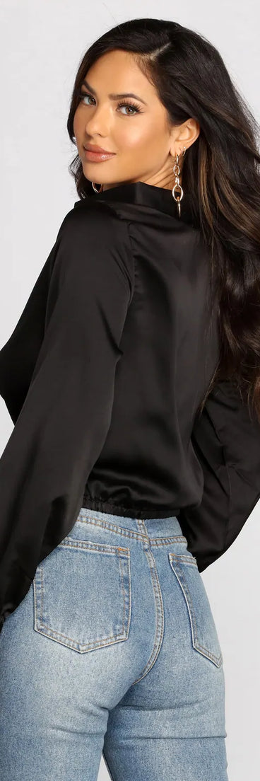 Satin Twist Front Collared Crop Top