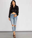 Satin Twist Front Collared Crop Top