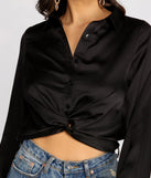 Satin Twist Front Collared Crop Top