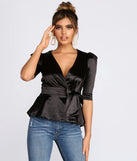 Satin Puff Sleeve Peplum Top