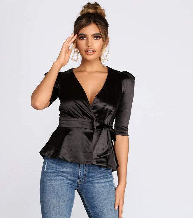Satin Puff Sleeve Peplum Top