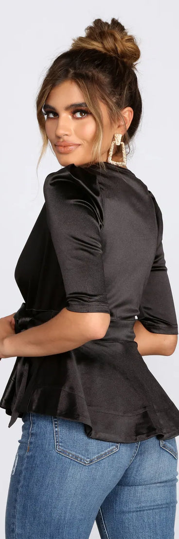Satin Puff Sleeve Peplum Top
