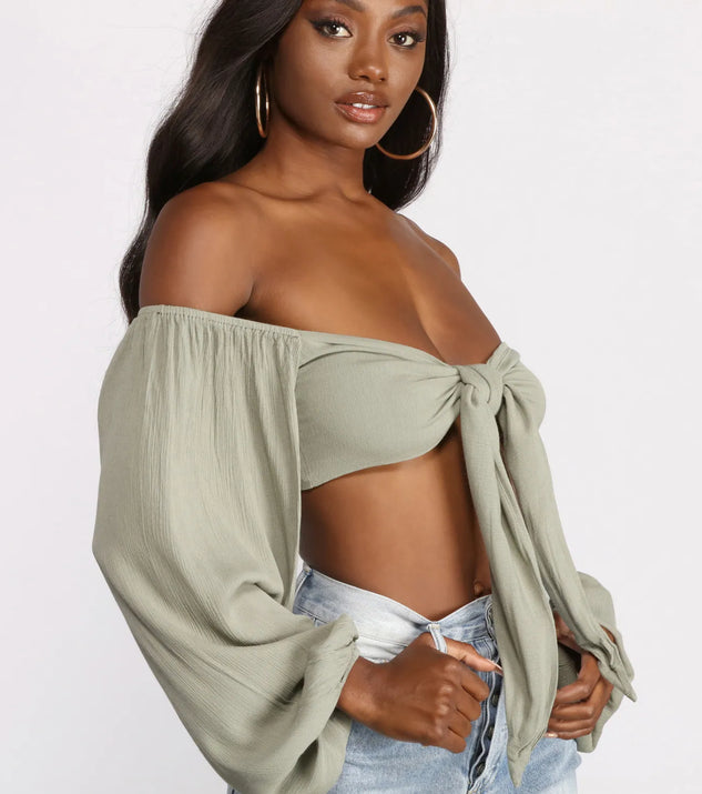 Long Sleeve Gauze Tie Front Crop Top | Windsor