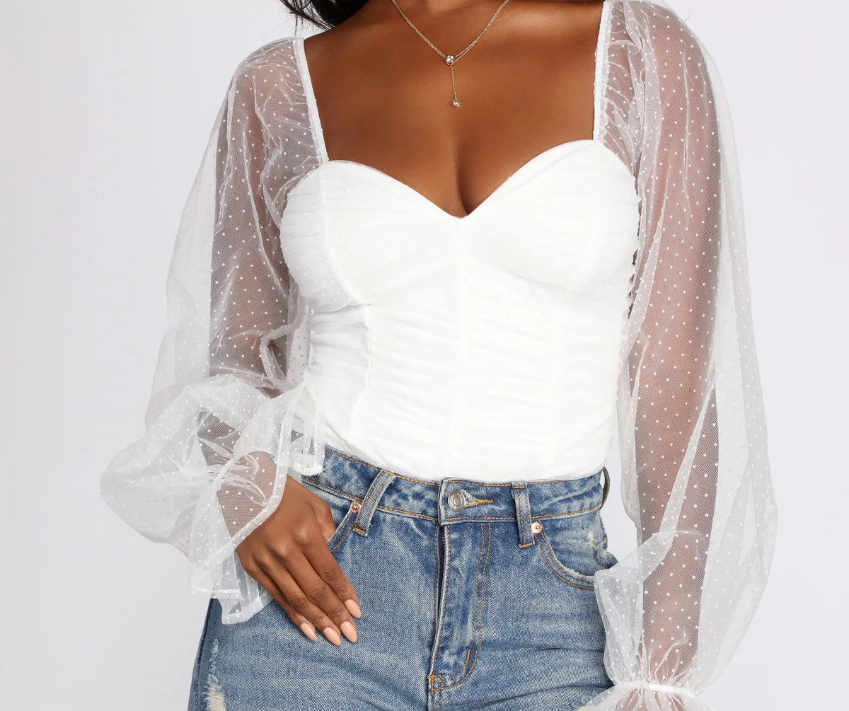 Crotch Polka dot mesh Long Sleeve V Neck Bodysuit