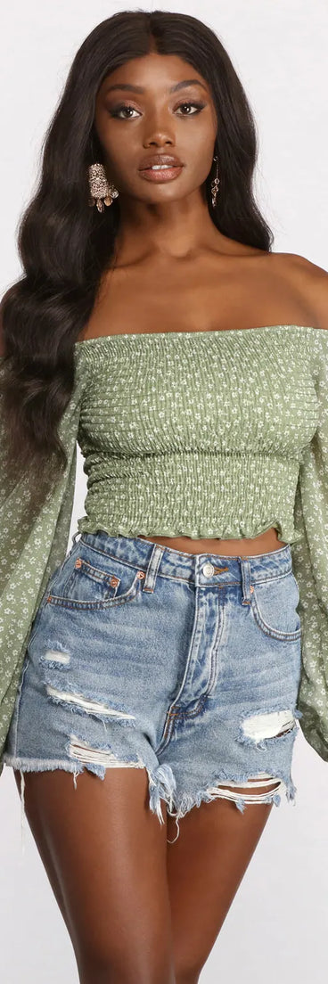 Off The Shoulder Chiffon and Smocked Ditsy Print Top