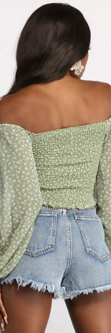 Off The Shoulder Chiffon and Smocked Ditsy Print Top