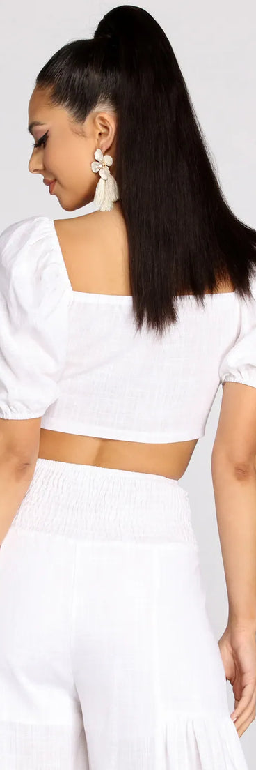 Time Off Puff Sleeve Linen Crop Top