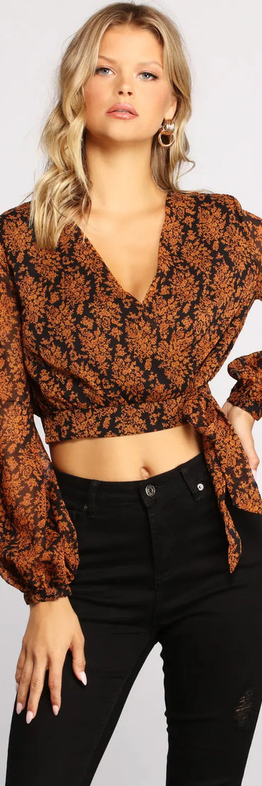 Fall Floral Wrap Front Crop Top