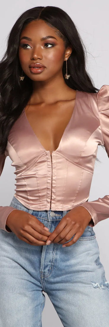 Chic Satin Puff Shoulder Corset Top