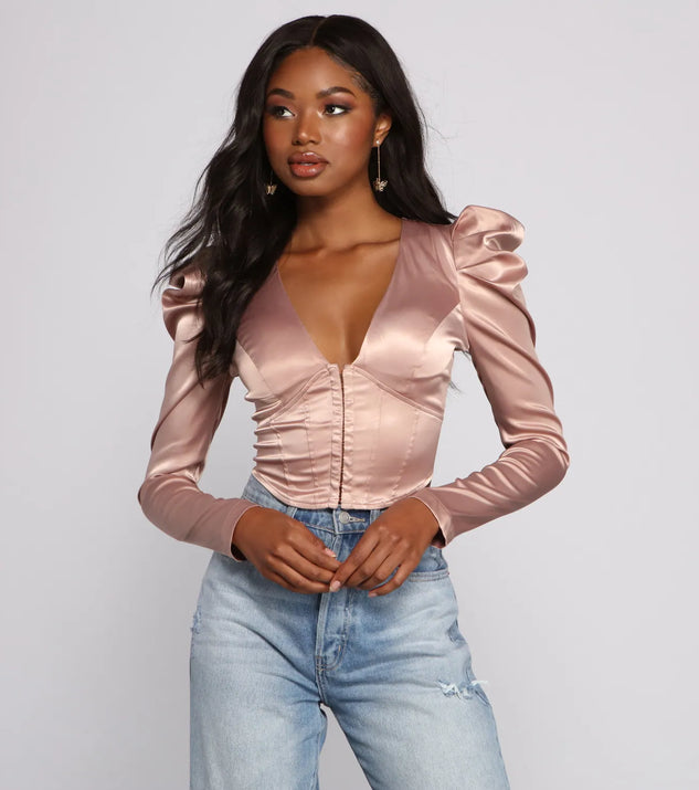 Chic Satin Puff Shoulder Corset Top