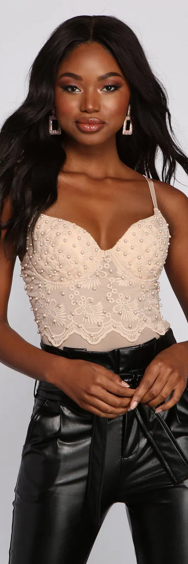 So Luxe Scalloped Lace and Pearl Mesh Bodysuit